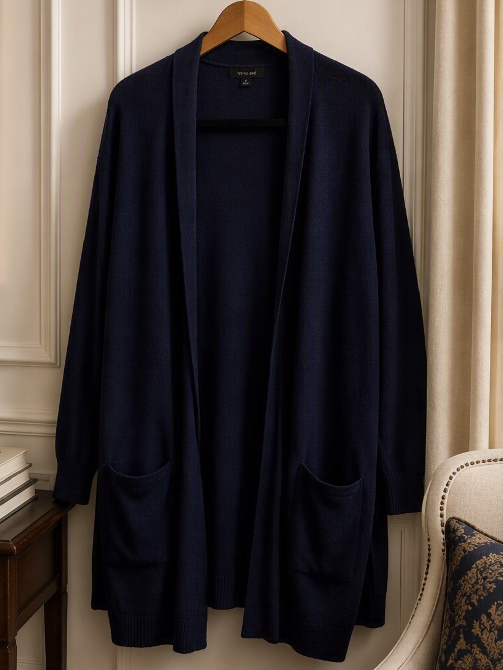 Navy Open-Front Long Cardigan with Pockets